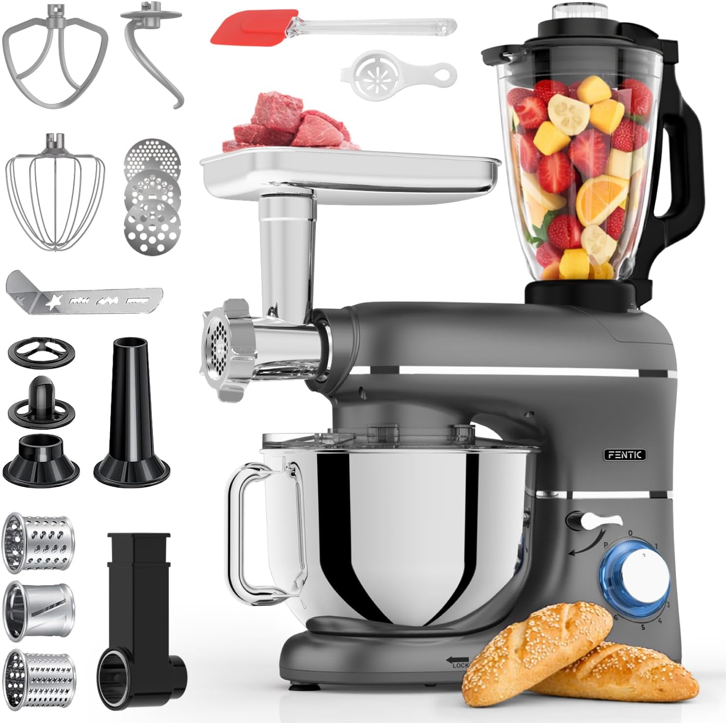 6 en 1 Robot Pâtissier – 2000W - Av. Hachoir à Viande, Mixeur 1,5L, Cutter, Accessoires – Robot Cuisine Multifonctions Av. 6,2L Bol Mélangeur, Fouet, Crochet Pétrisseur, Batteur (Anthracite)
